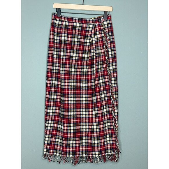 VTG Gruppo Americano Studio Women's 10 Wool Blend Plaid Fringe Long Wrap Skirt - Picture 1 of 13